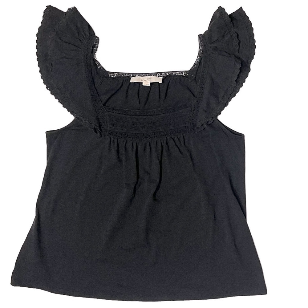 Loft Black Smocked Ruffle Lace Sleeved Blouse Women’s Size Small Bohemian Top